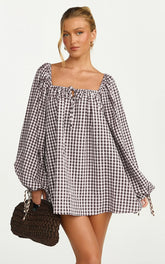 Brixton Mini Dress - Square Neck Smock Dress in Chocolate