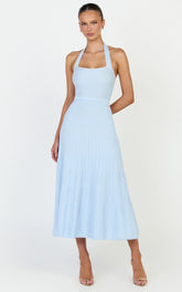 Candace Midi Dress - Halter Neck Ribbed Knit Dress in Baby Blue