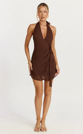 Eva Mini Dress - Plunge Halter Wrap Dress in Chocolate