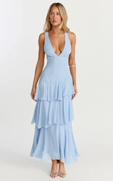 Beryl Midi Dress - Deep V Neck Sleeveless Layered Dress in Blue