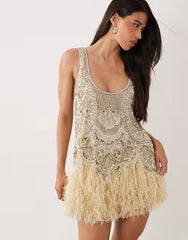 embellished scoop neck mini dress with faux feather hem in pale yellow