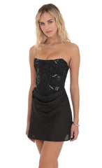 Sequin Draped Waist Dress in Black