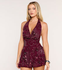 Glow Getter Open Back Sequin Halter Romper