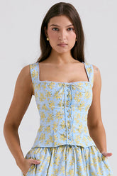 Soft Blue Vintage Floral Print Cotton Top