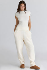 Ivory Wool Boucle Knit Trousers