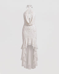 Orchid Beaded Embroidered Halter Cowl Neck High-Low Maxi Dress - White
