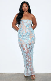 Sienna Maxi Dress - 3D Floral Strapless Column Dress in Blue