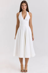 White Stretch Cotton Halter Midi Sundress