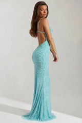 Embellished Cowl-Neck Backless Maxi Dress in Aqua Blue