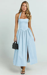 Helda Midi Dress - Halter Tie Neck Corset Panel Dress in Soft Blue