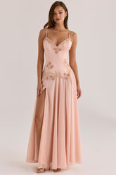 Blush Satin Custom Hand Beaded Embellished Maxi Dress - Limited Edition