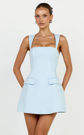 Garrett Mini Dress - Square Neck Fit And Flare Dress in Light Blue