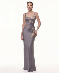 Calla Lily 3D Floral Satin Maxi Dress - Gray Purple