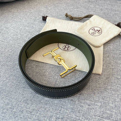H MARIN REVERSIBLE BELT 32MM GOLD BUCKLE BLACK DARK GREEN LEATHER