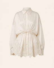 Orchid-Embroidered Drawstring-Waist Shirt Dress - Ivory White
