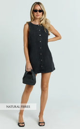 Leia Mini Dress - High Neck Mock Button Down Mini Dress in Black Wash