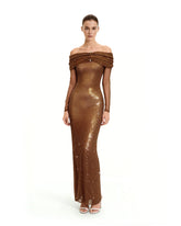 Rhinestone Mesh Off-Shoulder Maxi Dress - Brown