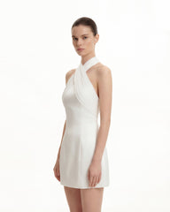Satin Mini Dress with Tulle Cross-Halter - White