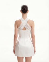 Satin Mini Dress with Tulle Cross-Halter - White