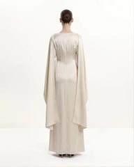 198Pearl-Trimmed Cape Sleeve Boat Neck Maxi Gown-Cream