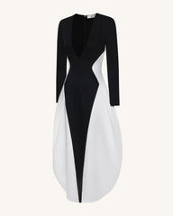 Monochrome Paneled Plunging V-Neck Long-Sleeve Maxi Dress - Black
