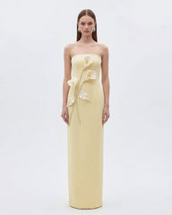Floral Appliqué Strapless Dress - Yellow