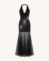 Orchid Embroidered Sheer Hem Halter Maxi Dress- Black Purple