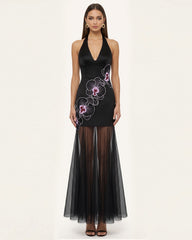 Orchid Embroidered Sheer Hem Halter Maxi Dress- Black Purple