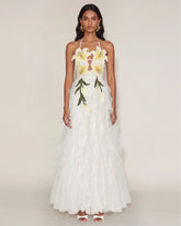 Lily-Embroidered Embroidered Halter Tiered Maxi Dress - White