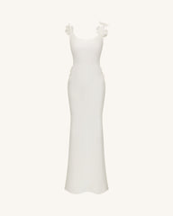 3D Floral Appliqué Satin Dress - White