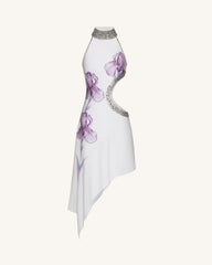 Jeweled Floral Cutout High Neck Dress - White