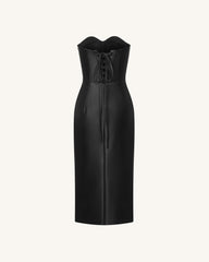 Iris Floral-Print Strapless Corset Leather Midi Dress - Black