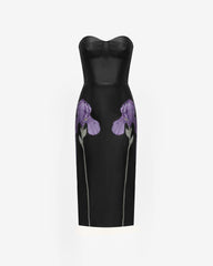 Iris Floral-Print Strapless Corset Leather Midi Dress - Black