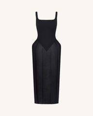 Square Neck Pannier Midi Dress - Black