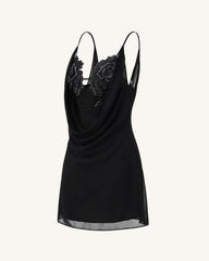 Flower Embroidered Cowl Neck Mini Dress - Black