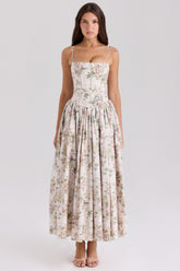 Cream Floral Print Cotton Midi Sundress