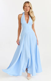 Poppy Maxi Dress - Contrast Skirt Deep Plunge Halter Dress in Blue