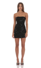 Strapless Sequin Floral Bodycon Dress in Black