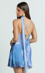 Yasmina Mini Dress - Scarf Tie Cowl Neck Bodycon Dress in Blue Electric Bloom
