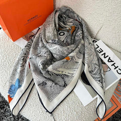 Retourala Nature Hermes Scarf 140 CM White Black Colorful Silk