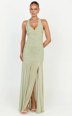 Kori Maxi Dress - Ruched Halterneck Mesh Dress With Racer Back in Sage