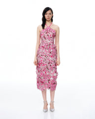 Fiora Halter Neck Floral Embroidered Maxi Dress - Rose Red