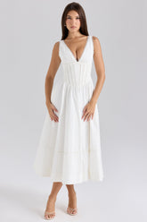 White Stretch Cotton Midi Sundress