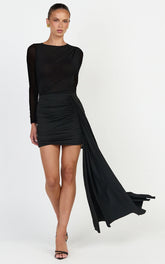 Jasmine Mini Dress - Long Sleeve Draped Skirt Overlay Dress in Black