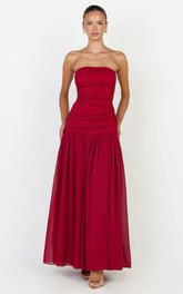 Kyra Maxi Dress - Strapless Lace Bodice Contrast Skirt Dress in Wine