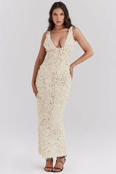Creme Plunge Floral Appliqué Maxi Dress