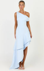 Alani Maxi Dress - Off Shoulder Asymmetric Flounce Dress in Light Blue