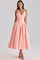 Peach Cotton Halter Neck Midi Sundress