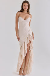 Almond Georgette Hand Beaded Shell Embellished Maxi Dress - Limited Edition