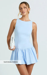 Izira Mini Dress - Boat Neck Drop Waist Shift Dress in Blue